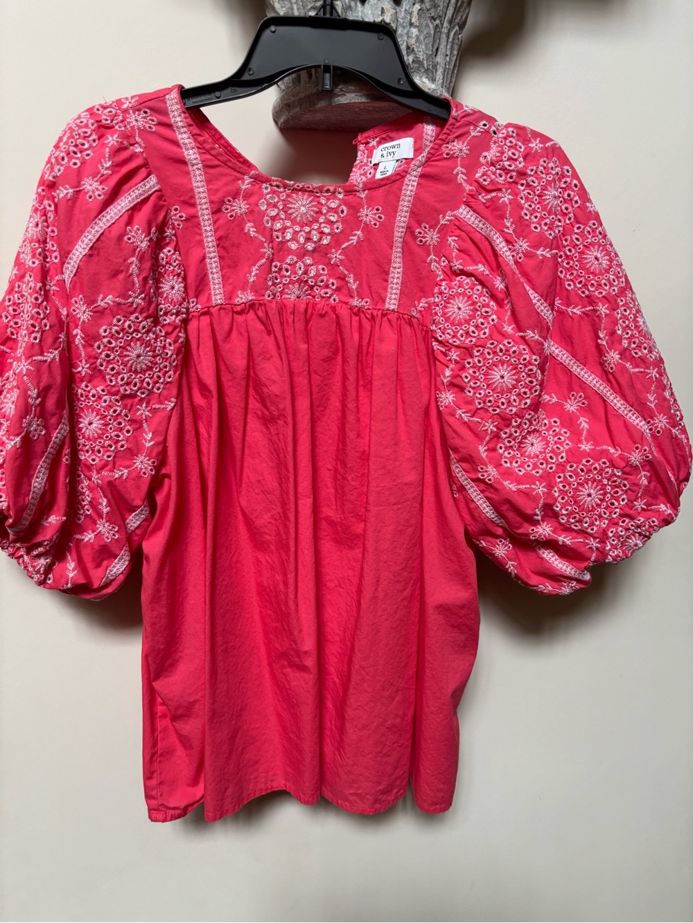Embroidered Puff-Sleeve Women's Top - Tangerine